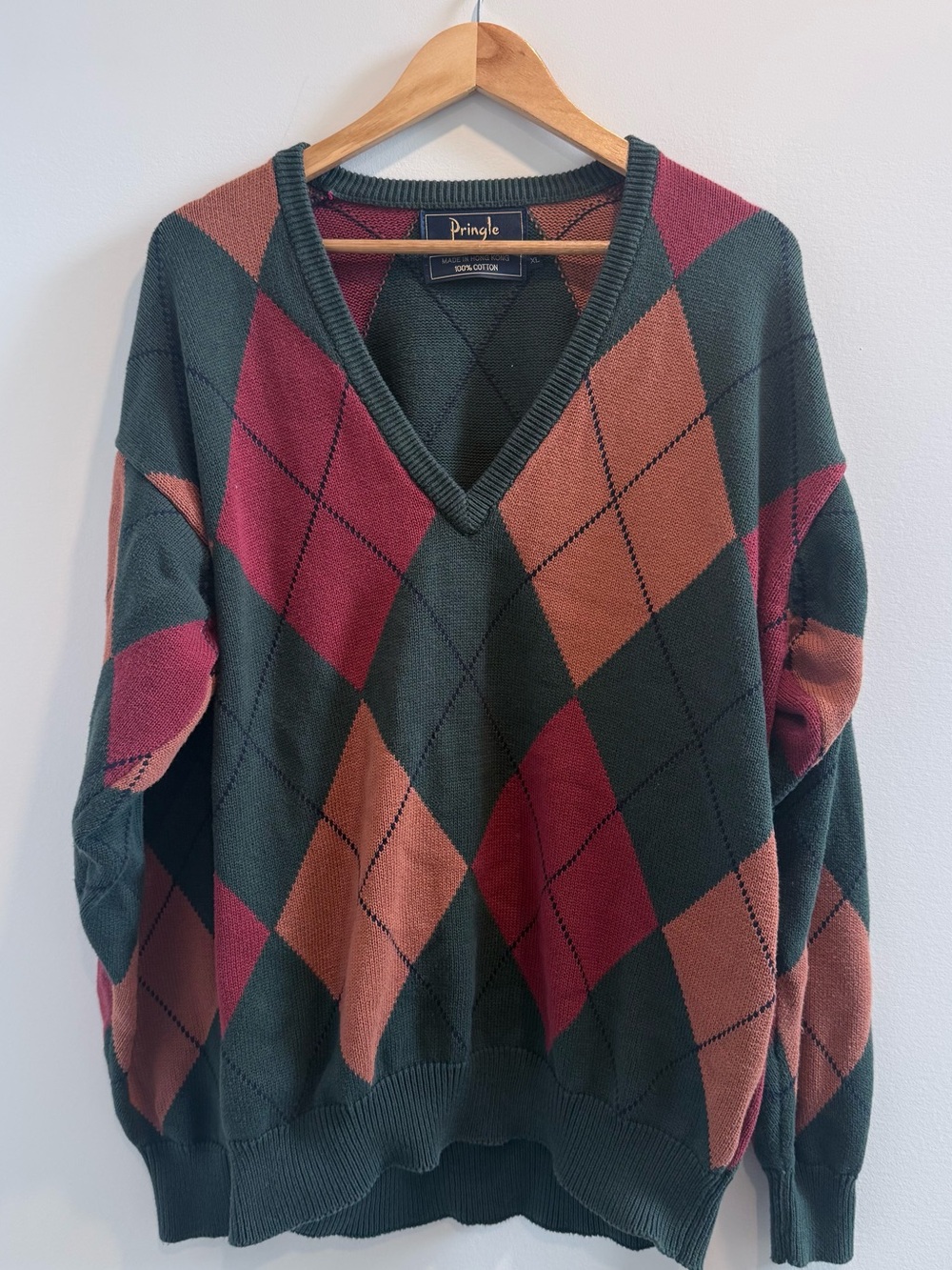 Pringle Dark Green V-Neck Argyle Sweater with Rust and Burgundy Diamonds